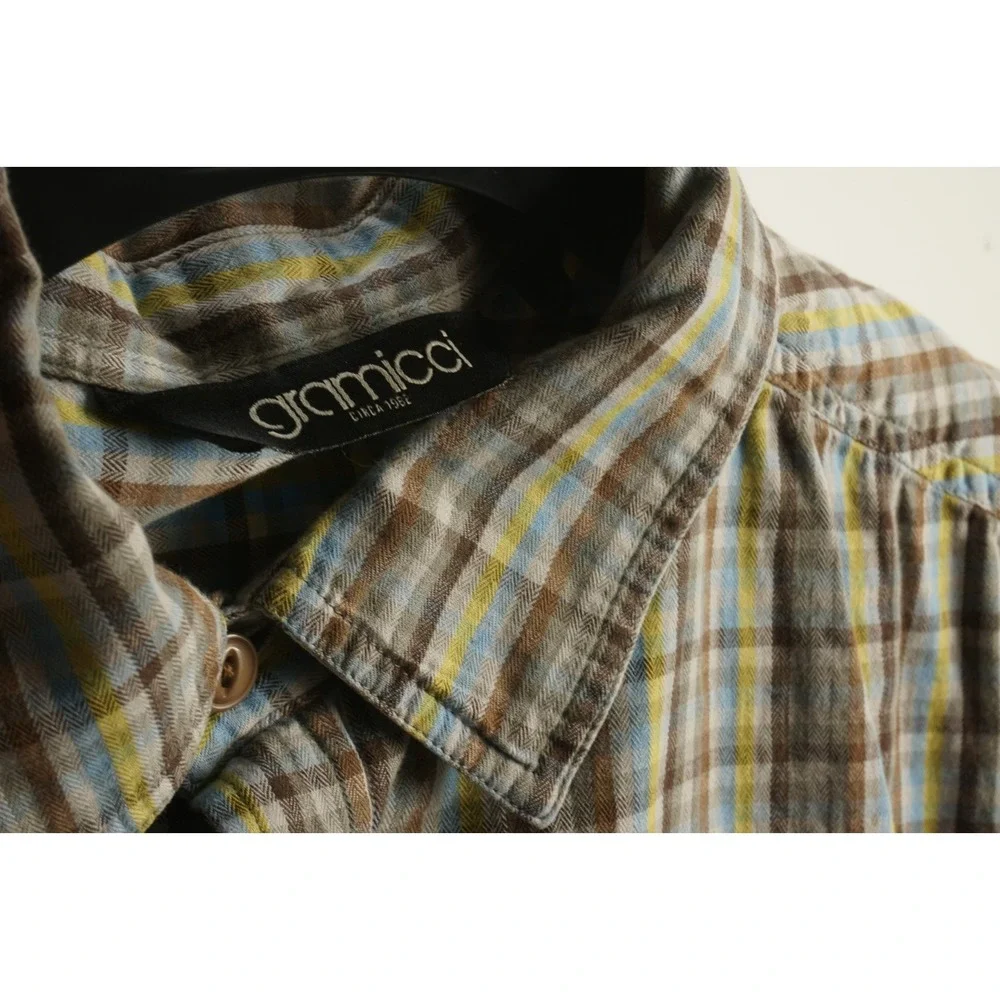 Gramicci Men's Medium Roll Tab Sleeve Yellow Blue Brown Cotton Utility‎ Shirt